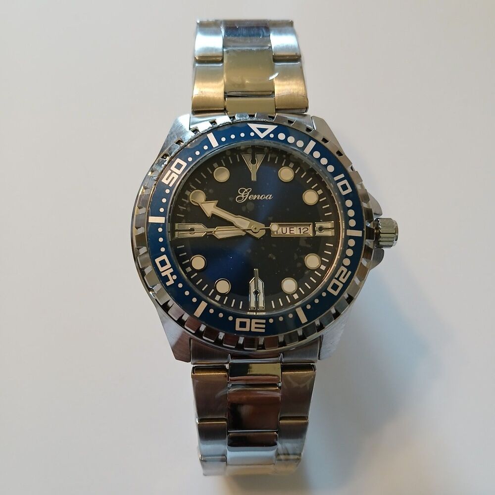 Genoa Men's Blue Dial Date Indicator Silver Tone Stainless Steel Watch 3ATM WR